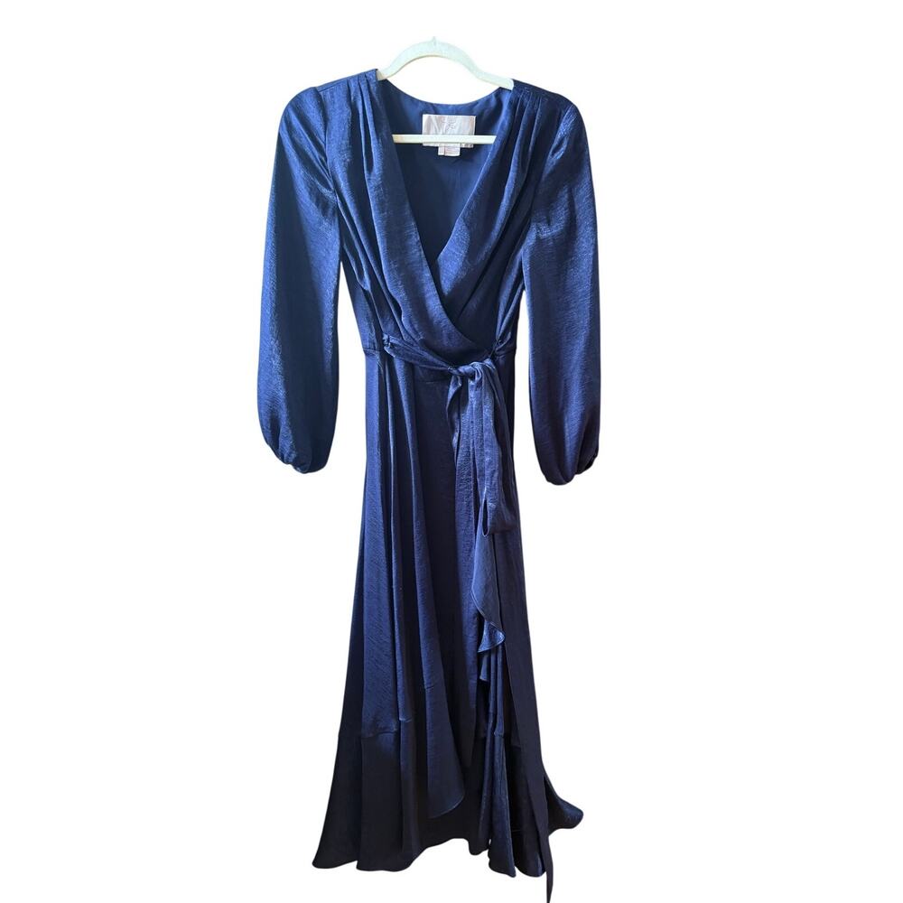 Gal Meets Glam Jennifer Navy Midi Satin Ruffle Wrap Hi Low Dress Size 2 - Picture 6 of 11